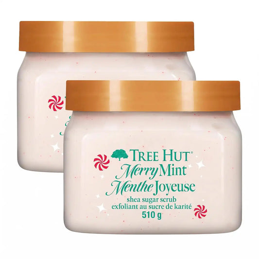 Tree Hut Merry Mint Shea Sugar Scrub, Exfoliating, Hydrating & Moisturizing Body Scrub with Shea Butter & Nourishing Essential Oils, Smooth & Soften Skin, Limited Edition Holiday, 18 oz (Pack of 2)
